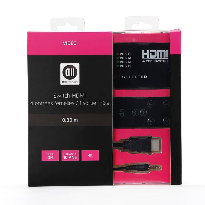 Switch HDMI 4 entrées 1 sortie support le 4K avec une télécommande + câble  HDMI 80 cm inclus - Fiche